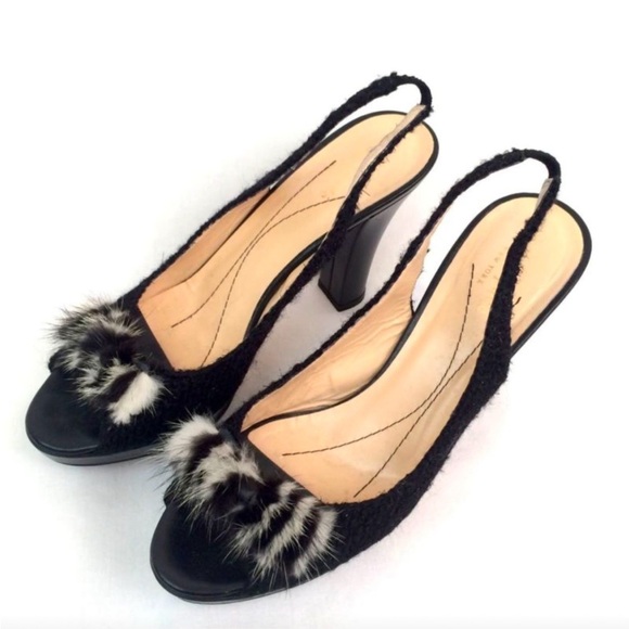 KATE SPADE Galore Black Boucle Tweed Mink Fur Bow Slingback Peep‎ Toe Heels Pump - Picture 15 of 17